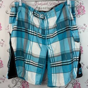 Point Zero shorts swim trunks stripes Y2K Turquoise Plaid Men's Swim Shorts